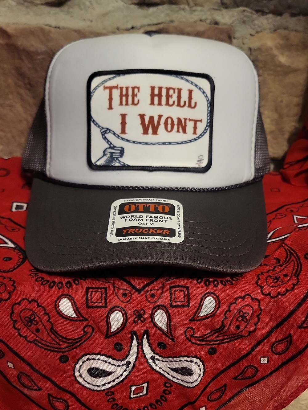 OTTO White and Gray Trucker Hat with 'The Hell I Won't' Patch